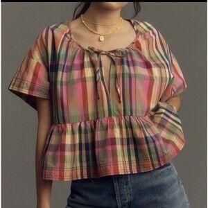 Pilcro Tavi Top Womens L Plaid Babydoll Peplum Tie Front Anthropologie Boho